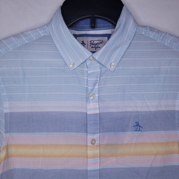 Penguin Shirt Mens Small Striped Blue, White, Orange Cotton Preppy - Picture 1 of 12
